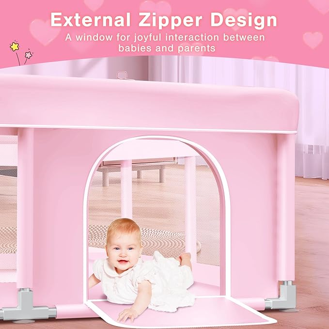 Pink Baby Playpen 74x50 Inches Playpen for Little Princess Play Yards Indoor & Outdoor Sturdy Safety Baby Girls Play Pen with Soft Breathable Mesh Toddlers Activity Center with Anti-Slip Base