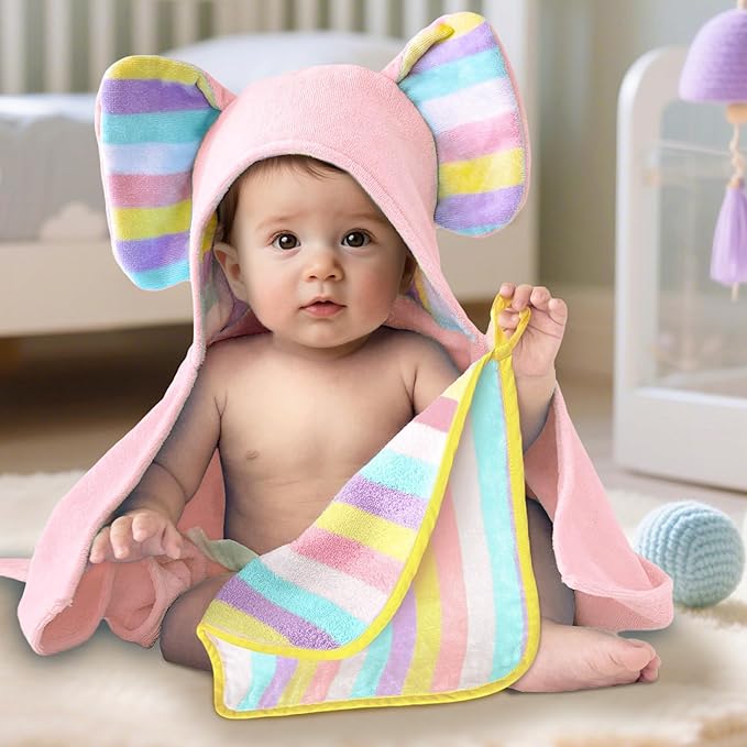 VOOVA & MOVAS Baby Hooded Bath Towel - 100% Cotton, 33x23.5 Inches,0-3Years,Super Absorbent Large Towel with Cute Elephant Ears Hood for Newborn, Baby, Toddler,Pink