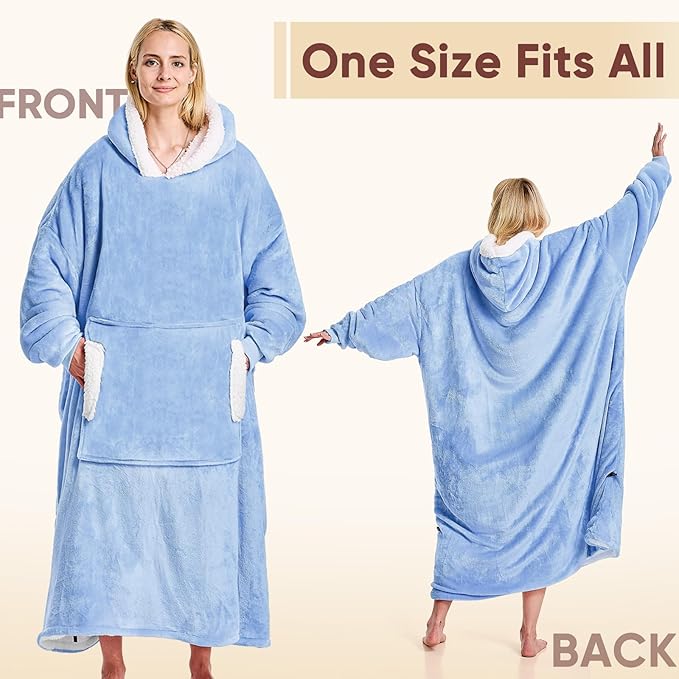 yescool Wearable Blanket Hoodie - birthday gifts for Adults/Women/mom, Flannel Cozy Sherpa Fleece Blanket Sweatshirt with Hood, Pocket & Sleeves, Large, One Size Fits All (Celeste)