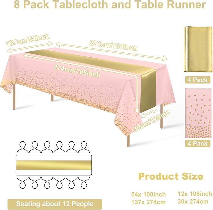 8Pack Disposable Plastic Tablecloths and Satin Table Runner Set Pink and Gold Dot Tablecloth Gold Satin Table Runner for Wedding Birthday Baby Shower Anniversary Christmas New Year Party Supplies