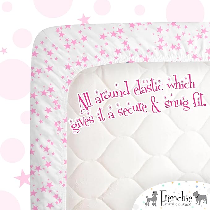 Fitted Pack N Play Sheets 100% Woven Cotton Standard Mattress, Pink Stars, 27 x 39in, 2-Pack