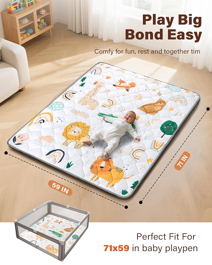 Baby Play Mat 71"x59", Non-Slip Baby Mat for Floor, Soft Thicker Playpen Mat, Portable Playmat, Crawling Mat for Babies, Toddlers & Infants to Play and Learn(Animal)