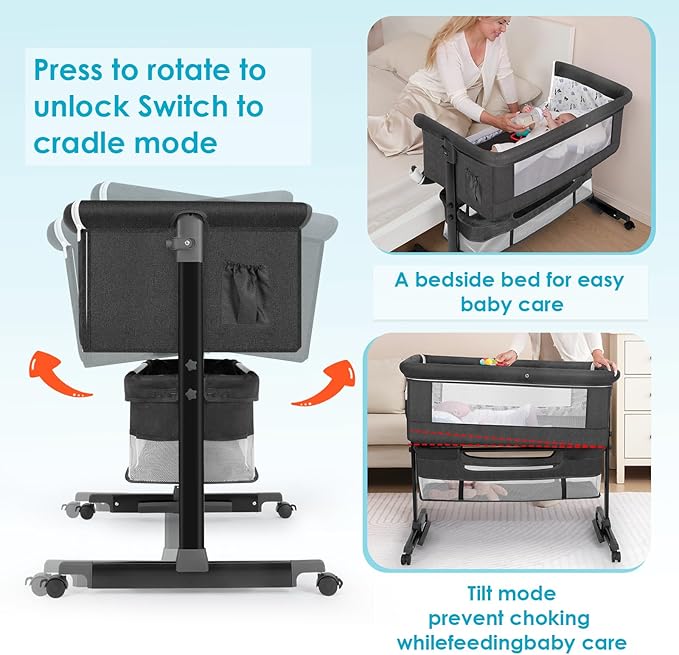 Baby Bassinet, Baby Basinet Bedside Sleeper, Easy to Fold Portable Crib Side Bassinet 2025new Style Girl/boy bassinets (Dark Gray)