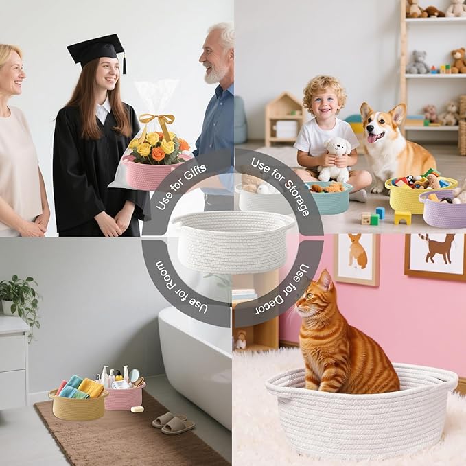 3 Pack Gift Basket with Gift Bag and Ribbons,Small Rope Woven Shelf Storage,Baskets for Gifts Empty,Birthday,Shower,Decorative Organizer Box for Cat Dog Pet with Handles(White)