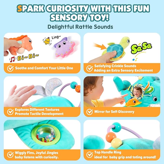 FREYBLI Baby Toys 6-12 Months - Soft Ocean Adventure Toy with Rattle, Crinkle Paper, Squeaker, Mirror - Baby Sensory Montessori Toys for 6-9-12 Month Old Developmental, 1 Year Old Boy Girl Gifts Toys