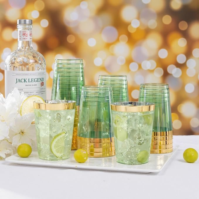 supernal 100 Pack Green Plastic Cups - 10 Oz Clear Green Plastic Disposable Cups with Gold Trim,Heavy Duty & BPA-free for Wedding,Cocktail,Birthday,Party & Elegant Events,Disposable Cocktail Glasses