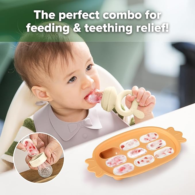 Haakaa Baby Fruit Food Feeder & Silicone Freezer Nibble Tray Combo - Breastmilk Popsicle Mold for Baby Cooling Relief, BPA Free Baby Mesh Food Feeder for Infant Self Feeding - Marigold