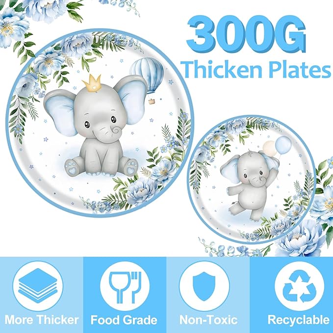 Elephant Baby Boy Shower Party Supplies - 350pcs Blue Elephant Party Decorations Paper Plates Napkins Cups and Utensils Tableware Sets Blue Floral Theme Birthday Party Tableware Set