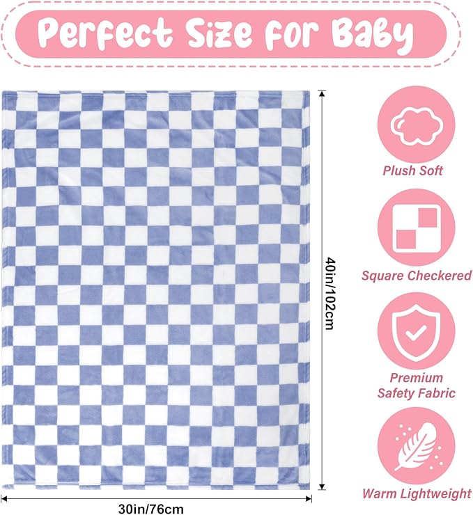 Plush Checkered Baby Blanket for Boys Girls Nursery, 30"*41" Warm Short Fleece Blanket Neutral for Infant Newborn, Small Fuzzy for Sleeping, Chenille or Stroller (Dark Blue&White)
