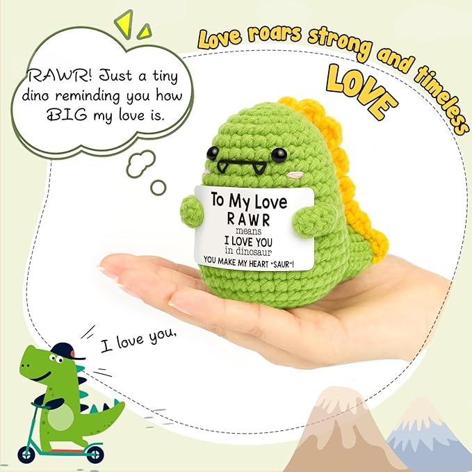 Mini Gifts for Him Her Cute Handmade Crochet Dinosaur Gift for Couples Boyfriend Girlfriend I Love You Wedding Anniversary Christmas Birthday Gift for Women Men Husband Wife Romantic To My Love Dino