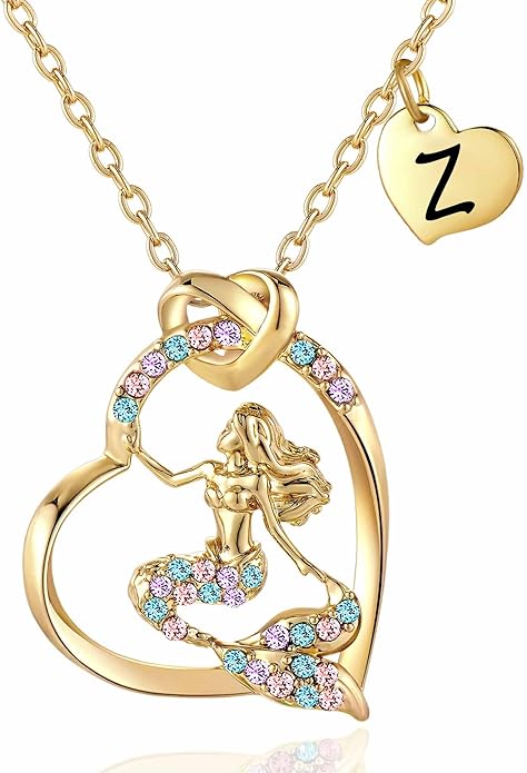 K-Acc 14K Gold-Plated Mermaid Initial Heart Necklace - Gifts for Girls