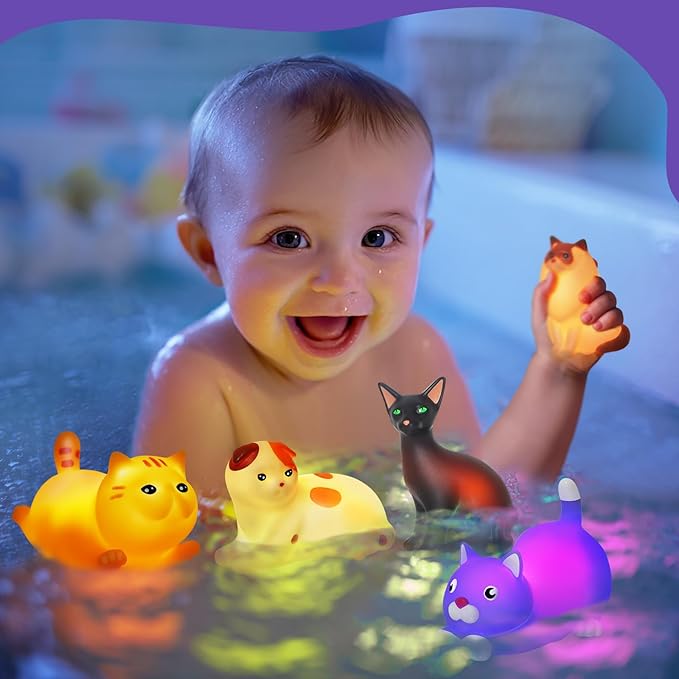 Bath Toys for Kids 1-3, 6 PCS Light-Up Cat Bath Toy Set, Baby Toddler Bath Toys, Bathtub Pool Bath Toy for Kids, Christmas Birthday Gifts for Boys & Girls Ages 1 2 3+ Years Old