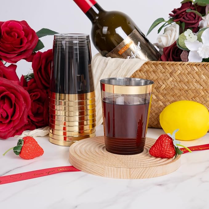 supernal 200 Pcs Gold and Black Plastic Cups,10Oz Gold Rimmed Disposable Cup,Heavy-Dut yPlastic Cocktail Cup for Party,Disposable party Wedding Cups,Perfect for Holiday,Birthday Party