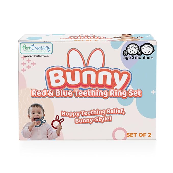 ArtCreativity Bunny Ears Teethers for Baby - Set of 2 Teething Rings - Silicone Baby Teething Toys - 0 6 12 Month Old Girl and Boy Teether Toys - Cute Bunny Gifts for Newborns