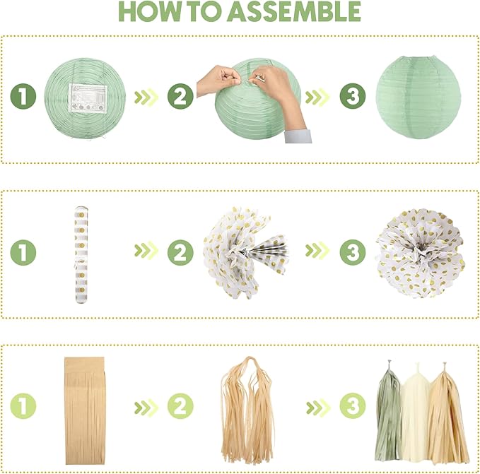 Amandir Baby Shower Decorations Sage Green Balloons Welcome Baby Banner, Cake Topper, Paper Lanterns, Pom Poms Flowers Tassels, Circle Dots Star Garland, Neutral Gender Reveal Birthday Party Supplies