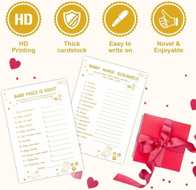 Baby Shower Games for Boy or Girl-2 Games(50 of Each),Double-Sided,Thick Cardboard,with Answer Keys