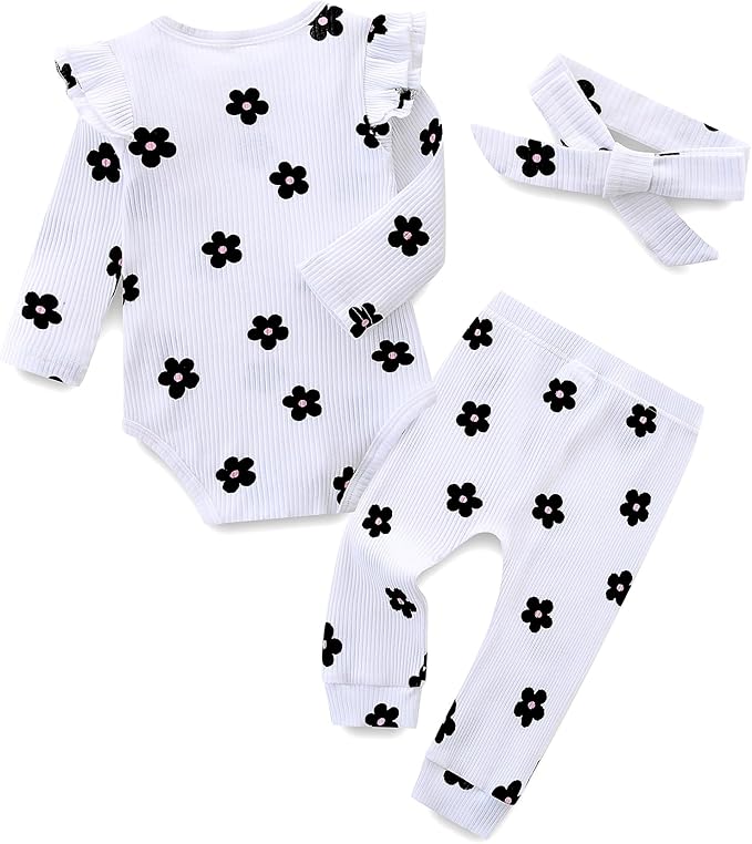Fullfamous Baby Girl's 3pc Rib Frill Long Sleeve Romper and Pant Set