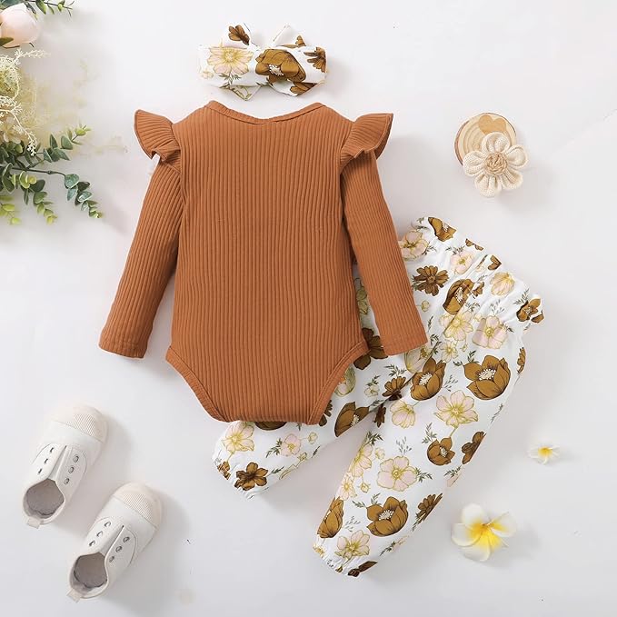 DISAUR Baby Girls Clothes Newborn Infant Baby Girls Outfit Long Sleeve Ruffle Romper Floral Pants Headband Sets 0-18 Months