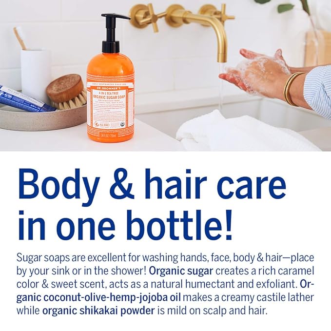 Dr. Bronner's - Organic Sugar Soap (Tea Tree, 24 Ounce) - Made with Organic Oils, Sugar and Shikakai Powder, 4-in-1 Uses: Hands, Body, Face and Hair, Cleanses, Moisturizes and Nourishes, Vegan