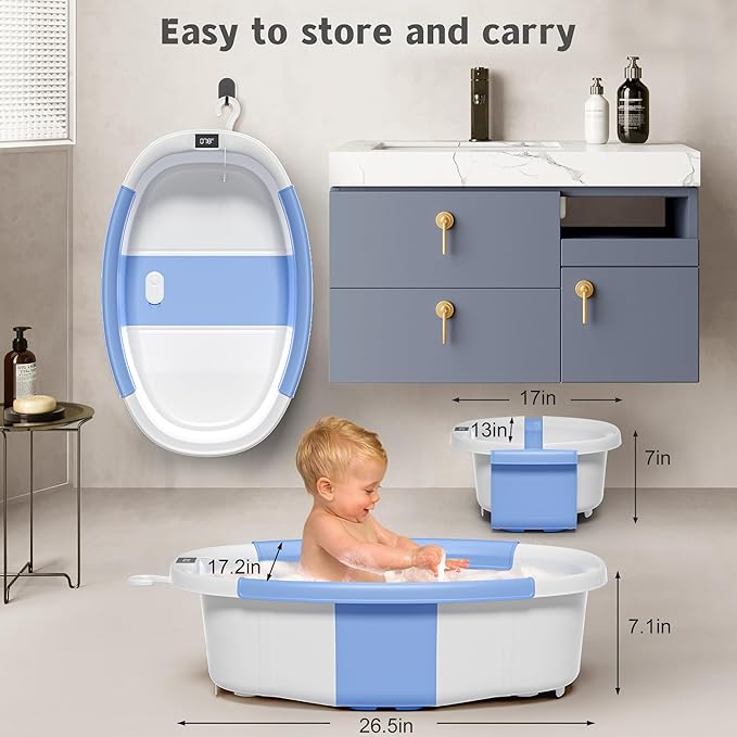 Collapsible Baby Bathtub for Newborn to Toddler 0-36 Months,Extra Large Foldable Infant Bath Tub with Thermometer,Cushion & Drain Hole,Portable Travel Tub, Baby Shower Gift Blue