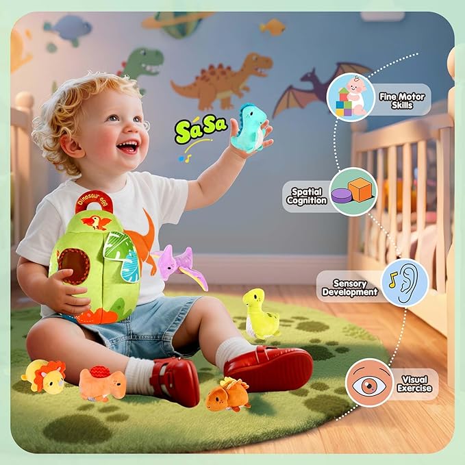 Baby Toys 6-12 Months - Soft Dinosaur Toy with Rattle, Crinkle Paper, Squeaker, Mirror - Baby Sensory Toys for 6 Month Old Developmental, Baby Montessori Toys for 1 Year Old Boy Girl Gifts