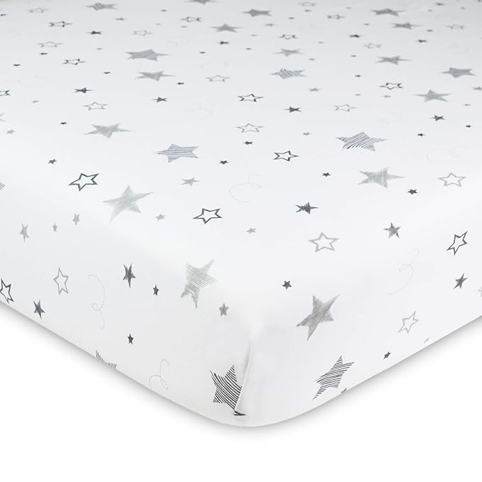 American Baby Company 3 Pack 100% Natural Cotton Fitted Crib Sheets 52" x 28" - Soft, Breathable, Hypoallergenic & Gentle Toddler Bed Sheets, Super Stars/Gray/White, Neutral for Boys & Girls