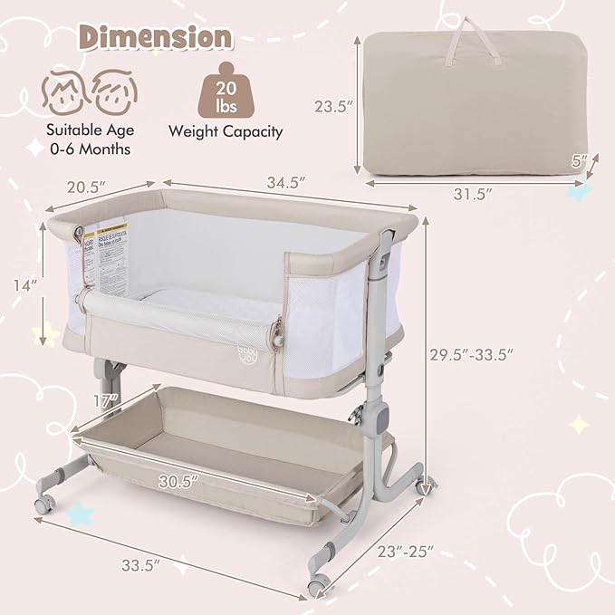 BABY JOY Bassinet, Bedside Crib w/ 6-Level Adjustable Height, Storage Shelf, Wheels, Mattress & Carry Bag for Safe Co-Sleeping, Folding Bassinet Bedside Sleeper for Newborn Infants (Beige)