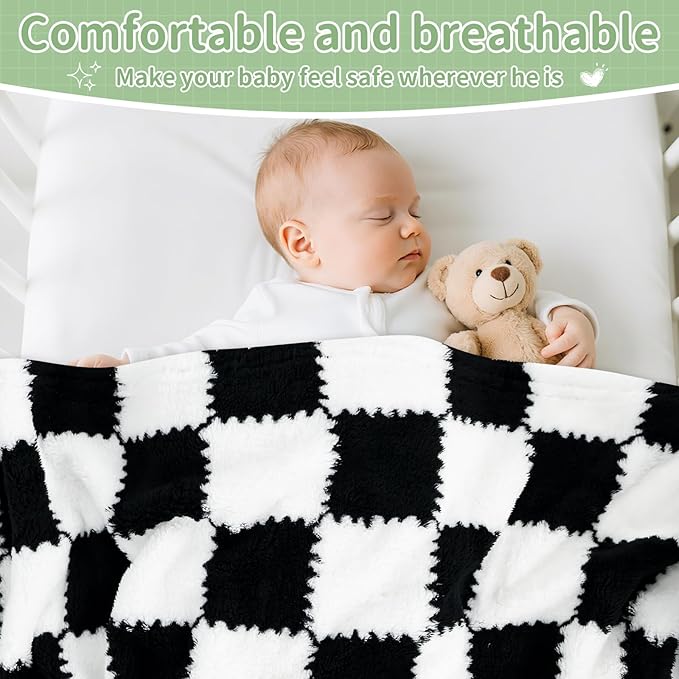 Checkered Baby Blanket for Boys, 2 Pack Soft Baby Boy Blankets, Small 28 x 40 inches Toddler Fleece Blanket, Essentials Crib Stroller Items, Newborn Gift (Black)