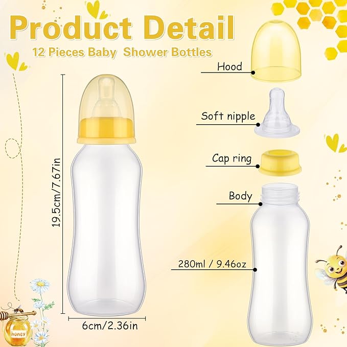 TrelaCo Cool Baby Shower Games Sets 12 Pcs Feeding Bottles with 1 Bottle Chug Sign for Gender Reveal Baby Shower Party Favors Decoration Games(Bee,Yellow)