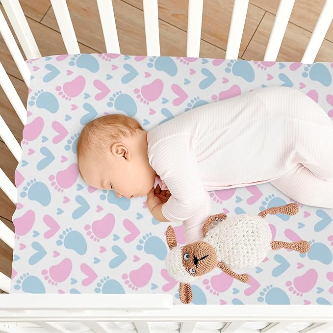 Baby Crib Sheets Pink and Blue Footprint Crib Sheets for Boys Girls,Neutral Bassinet Toddler Bed Play Sheets Breathable Soft and Portable 52 * 28 * 9in