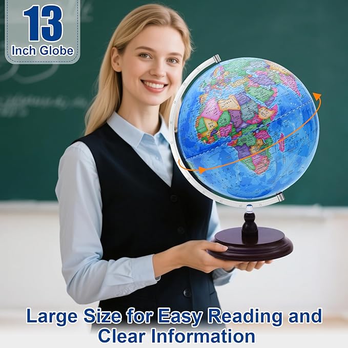World Globe for Children and Adults, 13 inch Educational Spinning Earth Map with Stand, Self-Assembled Interactive World Globes for Kids Learning, Classroom, Students Desk, Room and Office Decor