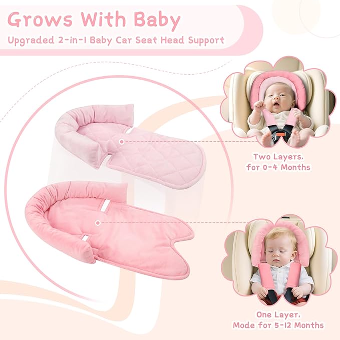 Baby Car Seat Head Body Support & Strap Covers, 2 in 1 Infant Car Seat Insert, Reversible Soft Breathable Newborn Cushion Pads for Preemie, Perfect for Baby Carseats, Strollers, Swings (Pink)