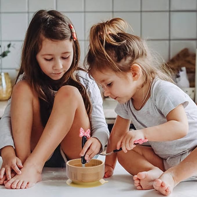 Baby Bamboo Bowls with Suction and Matching Spoon Set - 2PC Feeding Supplies Set for Infant, Toddlers - Detachable Silicone Suction Stay Put Base for Wooden Bowl - BPA Free (Mint)