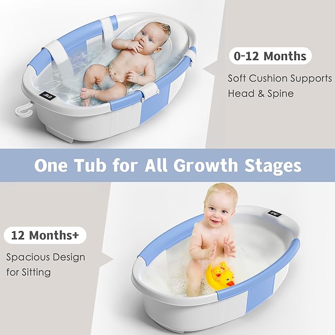 Collapsible Baby Bathtub for Newborn to Toddler 0-36 Months,Extra Large Foldable Infant Bath Tub with Thermometer,Cushion & Drain Hole,Portable Travel Tub, Baby Shower Gift Blue