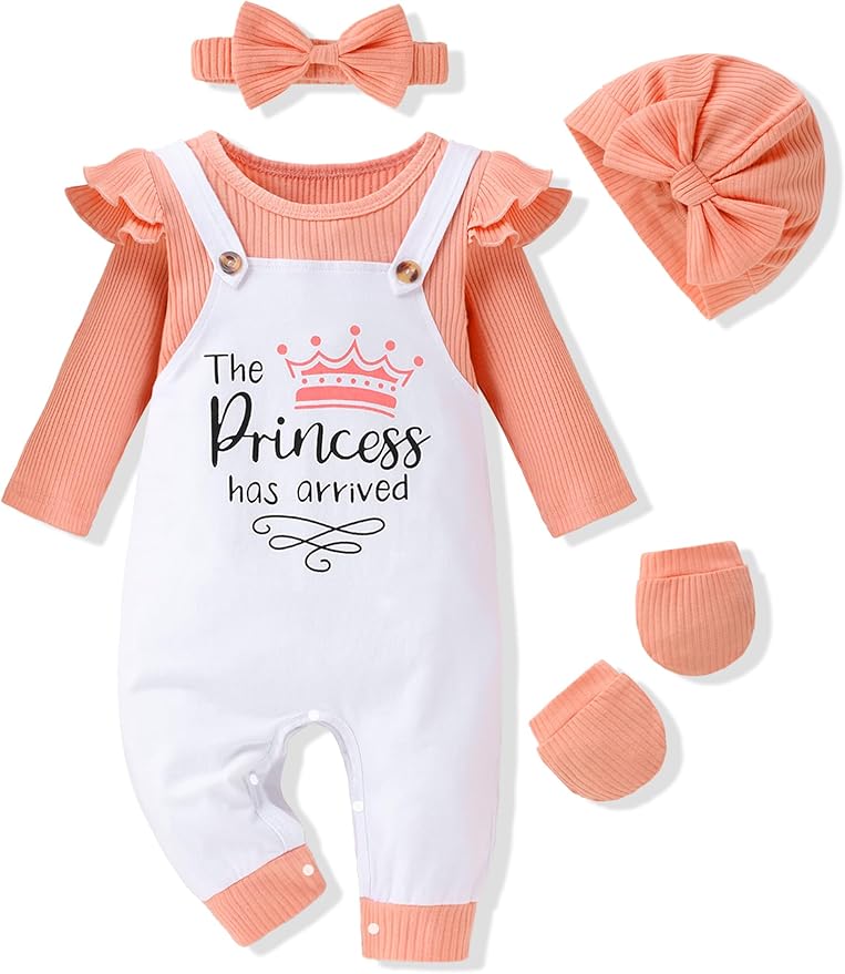 Baby Girl Clothes Patter&Letter Baby Girl Romper with Bow Hat&Headband and Gloves 4Pcs Baby Girl Coming Home Outfit