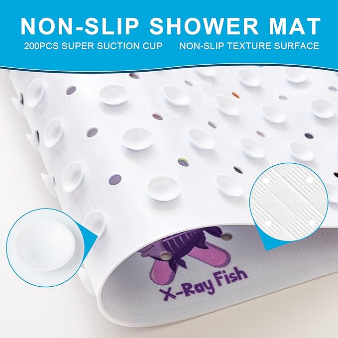 XIYUNTE Baby Bath Mat for Tub Non Slip Kids Bath Mat - 40''x16'' Extra Long Cartoon Baby Bath Tub Mat Eco-Friendly Toddler Bath Mats with Suction Cups, Easy to Clean & Easy Drying, Alphabet(White)