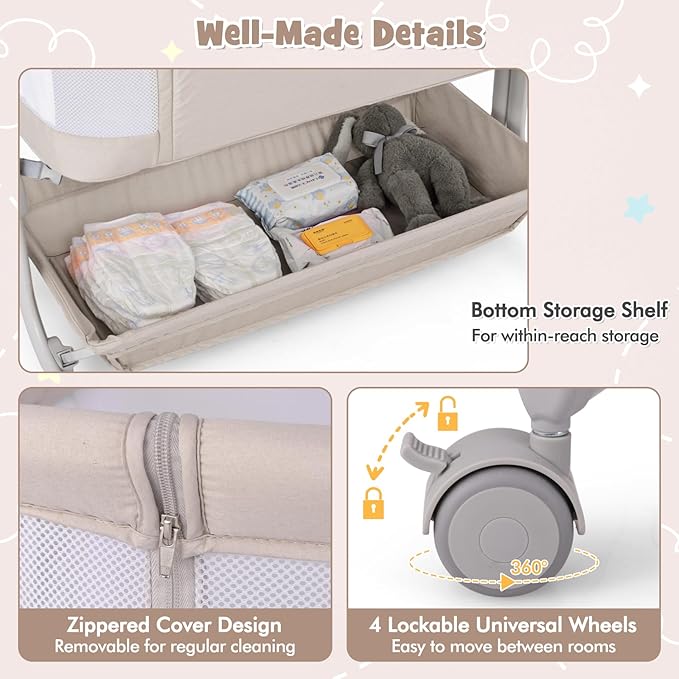BABY JOY Bassinet, Bedside Crib w/ 6-Level Adjustable Height, Storage Shelf, Wheels, Mattress & Carry Bag for Safe Co-Sleeping, Folding Bassinet Bedside Sleeper for Newborn Infants (Beige)