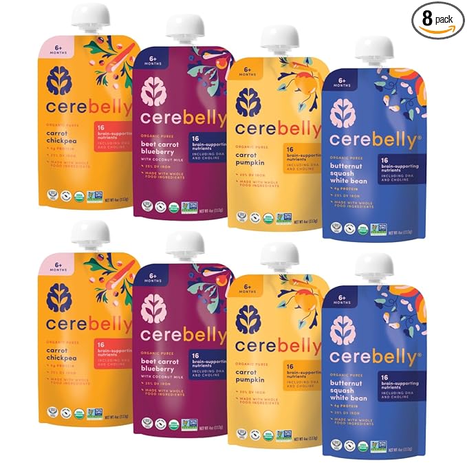Cerebelly Organic Baby Food Pouches – Organic Hearty Veggie Purees | 16 Nutrients, No Added Sugar, Non-GMO | Blended Toddler Food | 4oz BPA-Free | 4 Flavors | 8 Pack