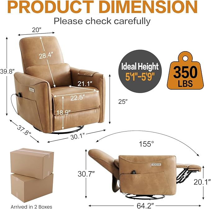 Genuine Leather Modern Electric Swivel Glider Power Recliner Chair with USB and Type-C Ports for Living Room, Power Lift Function, Brown