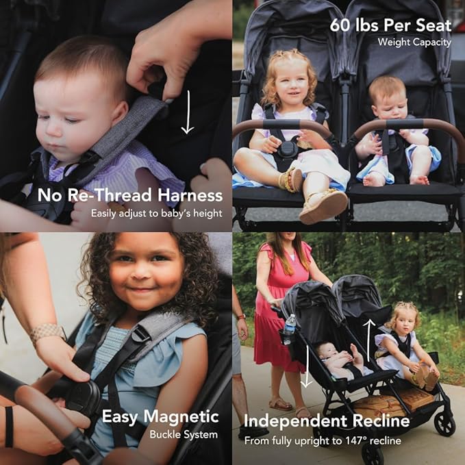 Lightweight Double Side by Side Stroller - 22 Lbs, 9.5" Compact Fold, Twin Nap Ready Seating, No Rethread Harness, Magnetic Buckle & Ultra Plush Seat 60Lb Max Per Seat- (v2 Sage)