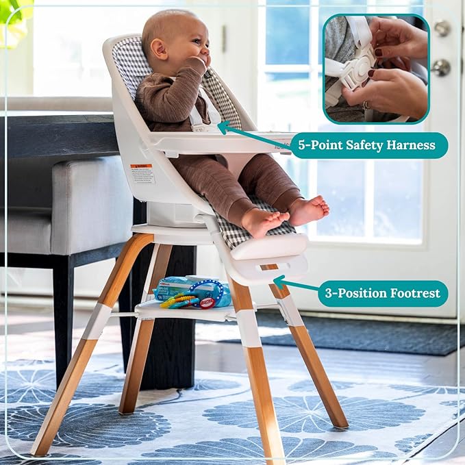 Turn-A-Tot High Chair for Babies and Toddlers, 2 in 1 Wooden Portable Baby Feeder or Adjustable Child's Seat with 360 Degree Swivel, Removable Tray, and Pad (Gingham)