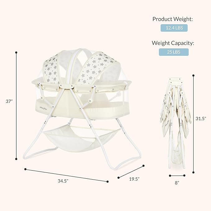 Dream On Me Karley Bassinet in French White, Lightweight Portable Baby Bassinet, Quick Fold and Easy to Carry , Adjustable Double Canopy, Indoor and Outdoor Bassinet with Large Storage Basket.
