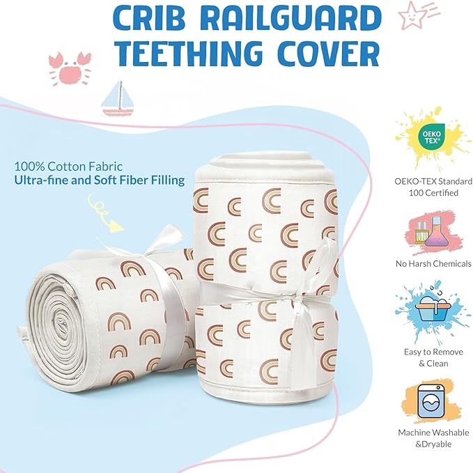 3 in 1 Crib Rail Covers for Teething,Soft Breathable Anti-Collision Crib Teething Rail Cover Edge Protector Strip(2025 New) (Kahki-Rainbow)