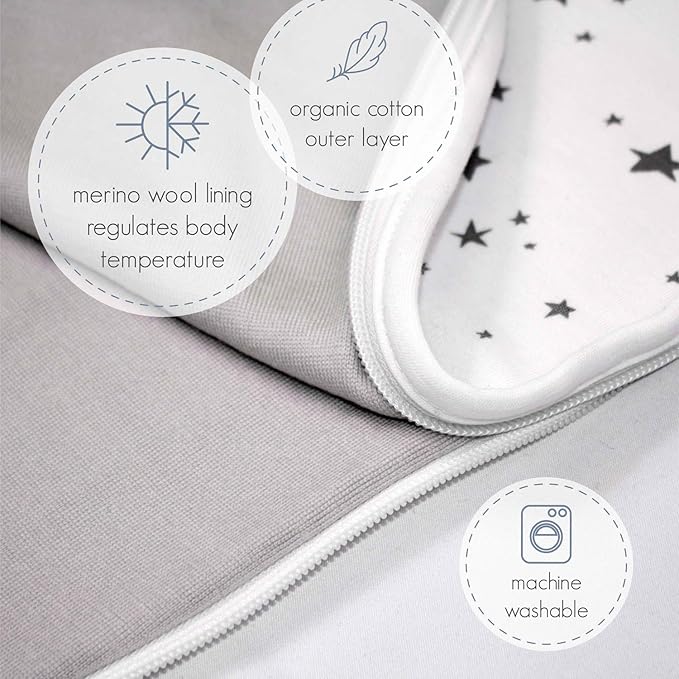 Woolino 4 Season Sleep Sack - Ultimate Merino Wool and Organic Cotton Sleeping Bag - Two-Way Zipper Adjustable Universal Size Sleep Sack for Baby (2-24 Months) - Sheep