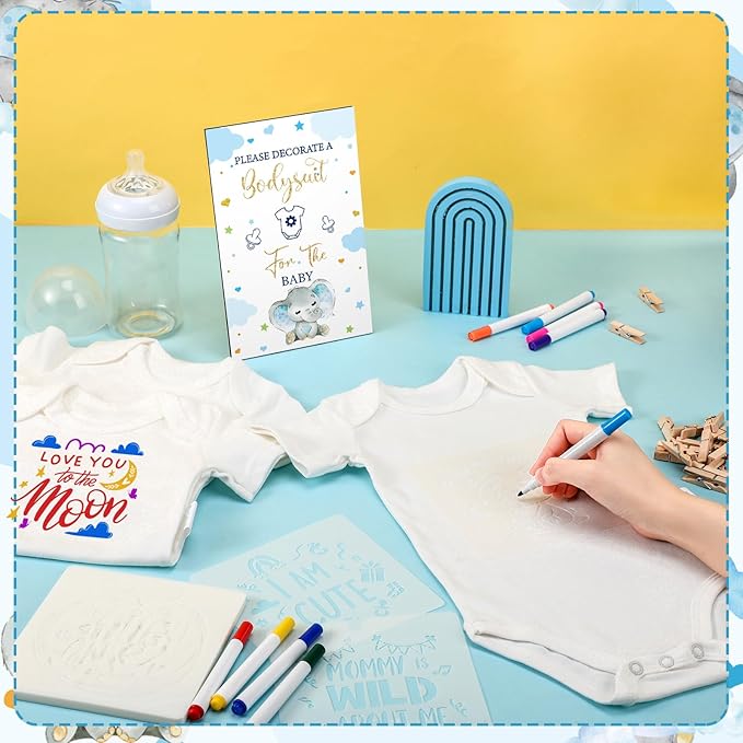 Panitay 126 Pcs Baby Shower DIY Bodysuit Set Rustic Kraft Baby Shower Game Sign DIY Bib 25 Blank White Newborn Bodysuit 25 Stencils 24 Marker 1 Sign 50 Pins for Gender Reveal(Blue Elephant)