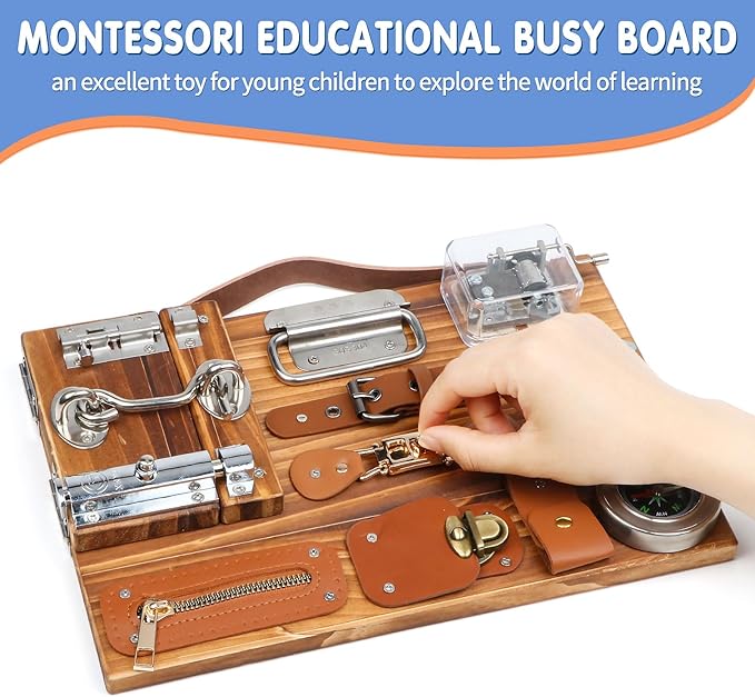 Busy Board for Toddlers, Travel Toy Fidget Board Activity Board for Fine Motor Skills, Wooden Busy Board Toys for 3 Years Old Boys & Girls with Switch, Locks, Music Box...