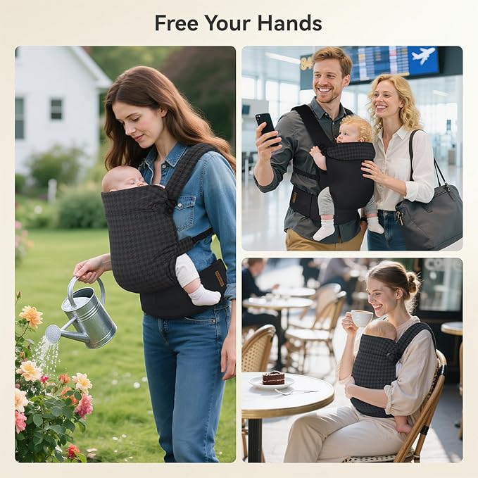 Reversible Lyocell Baby Carrier – Lightweight, Cooling, Breathable Ergonomic Support for Newborn to Toddler (7–44 lbs), Easy Hands‑Free On with Enhanced Lumbar Support – Houndstooth & Black
