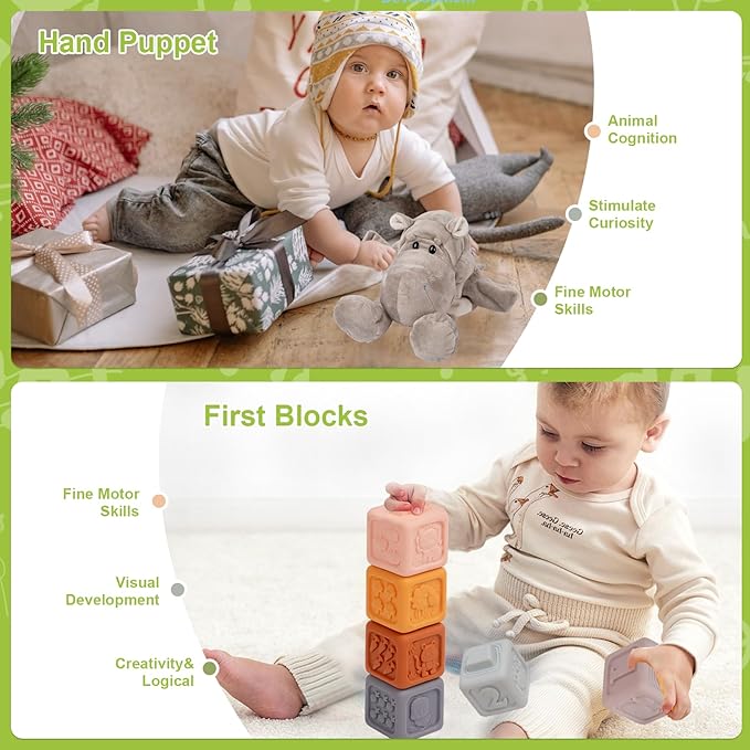 Adena Montessori Play Kit for 7-12 Month Baby,6 in 1 Learning Educational Brain Development Toys for Toddler Includ First Puzzle,Ball Drop Box,Stacking Pegs,First Blocks,Wooden Moving Car,Hand Puppet