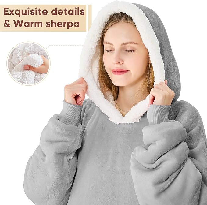 yescool Wearable Blanket Hoodie - birthday gifts for Adults/Women/mom, Flannel Cozy Sherpa Fleece Blanket Sweatshirt with Hood, Pocket & Sleeves,Largre, One Size Fits All (Cloud)