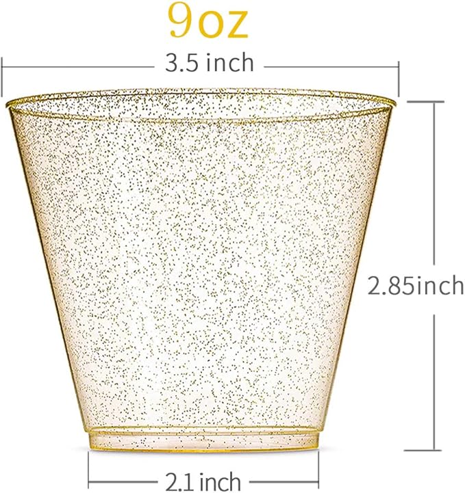 WDF 200pcs 9OZ Gold Cups,Disposable Premium Wedding Gold Glitter Plastic Cups for Thanksgiving Party